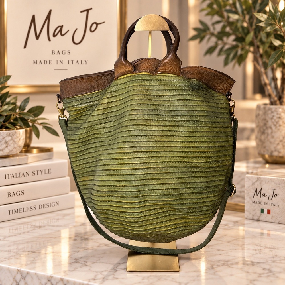 MAJO Made in Italy Striped Pleated Leather Satchel Shoulder Hobo Bag